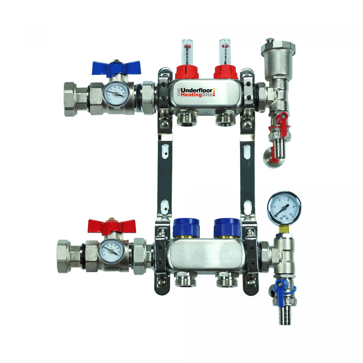 Stainless Steel Underfloor Heating Manifold With Temperature Gauge Isolation Valves & Pipe Connectors - 2 to 12 Ports