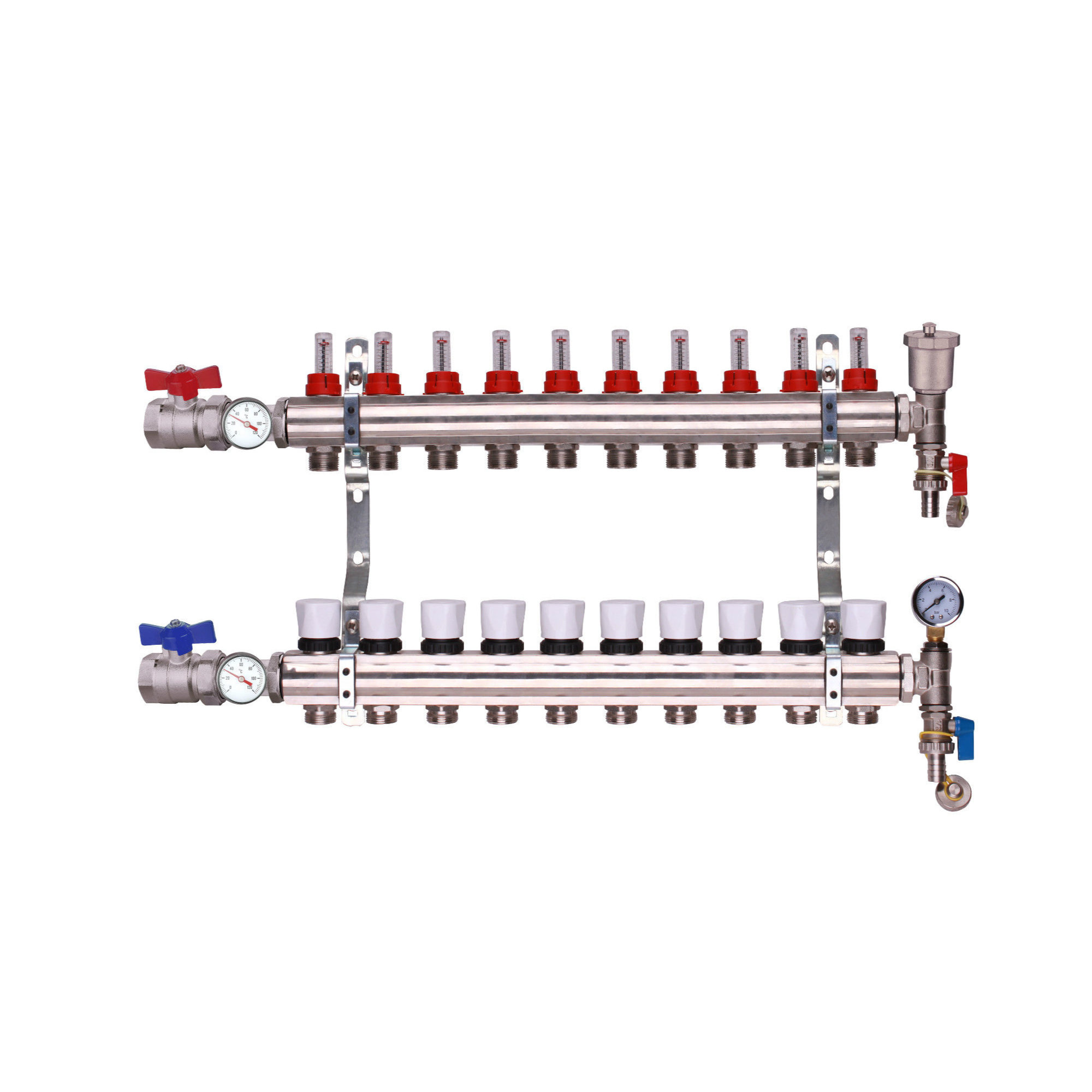 10 Port Premium Brass Bodied Underfloor Heating Manifold With Temperature Gauge, Isolation Valves, Auto Air Vent & Pipe Connectors