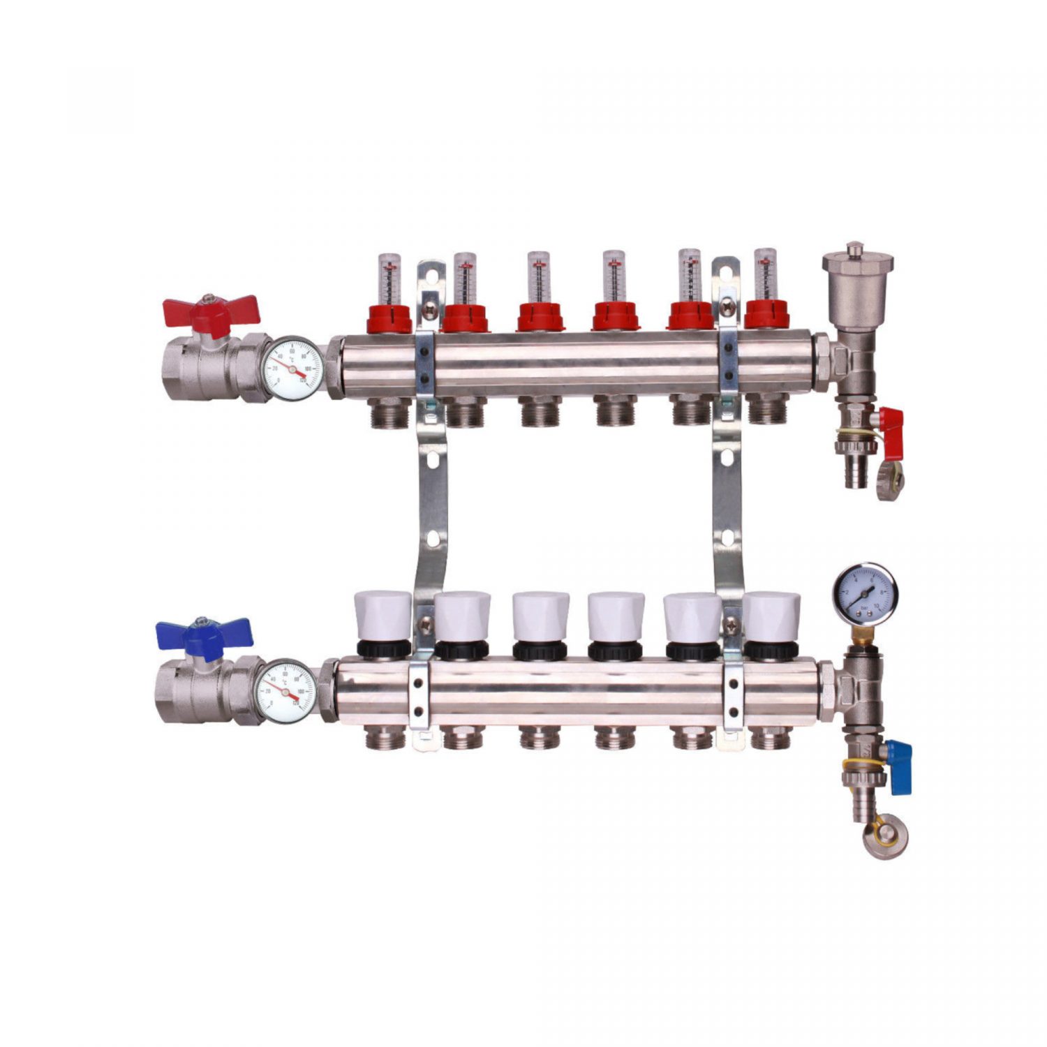 6 Port Premium Brass Bodied Underfloor Heating Manifold With Temperature Gauge, Isolation Valves, Auto Air Vent & Pipe Connectors