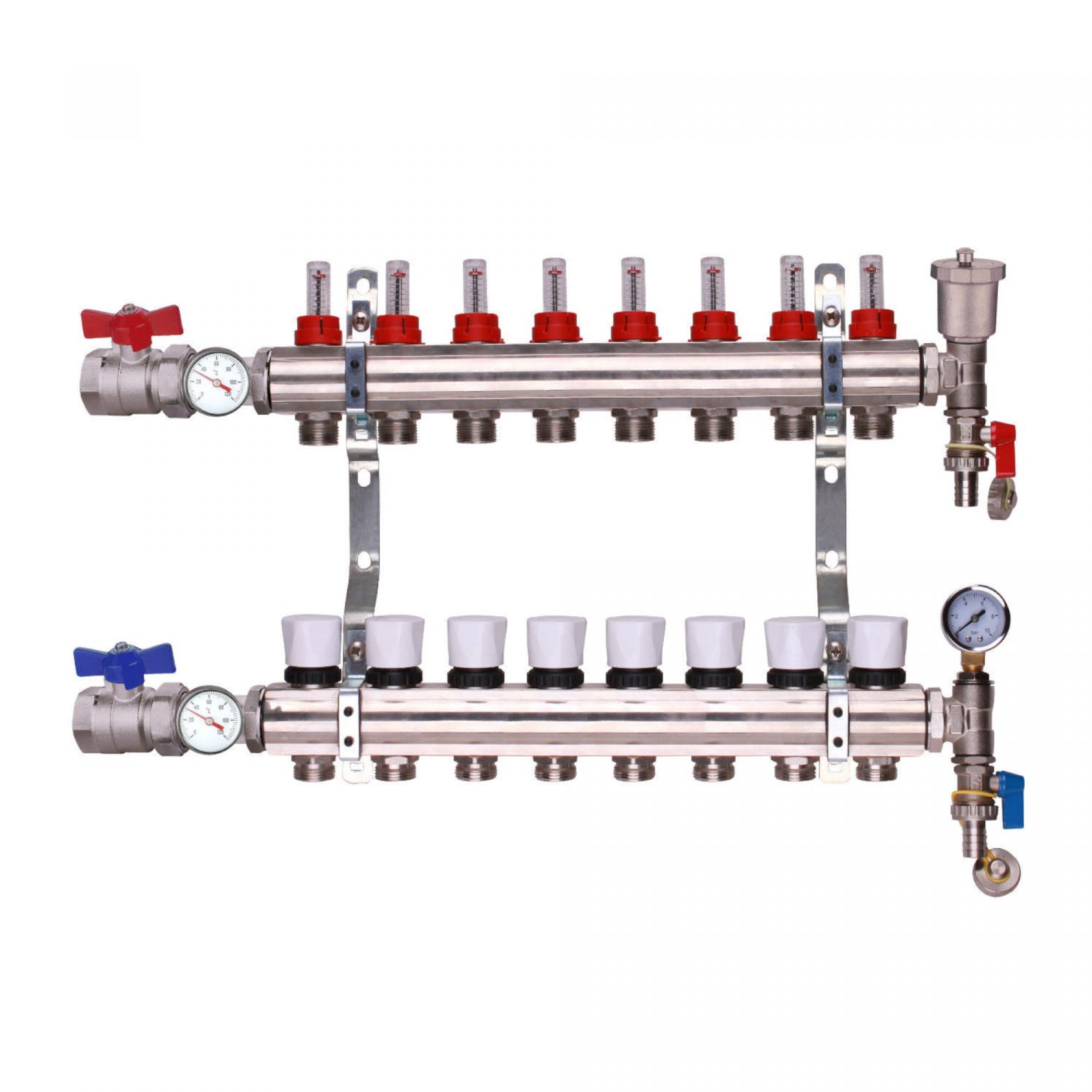 8 Port Premium Brass Bodied Underfloor Heating Manifold With Temperature Gauge, Isolation Valves, Auto Air Vent & Pipe Connectors