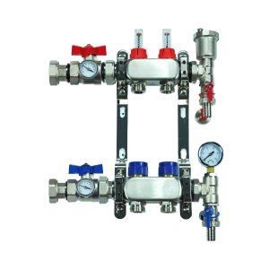 Stainless Steel Underfloor Heating Manifold With Temperature Gauge Isolation Valves & Pipe Connectors - 2 to 12 Ports