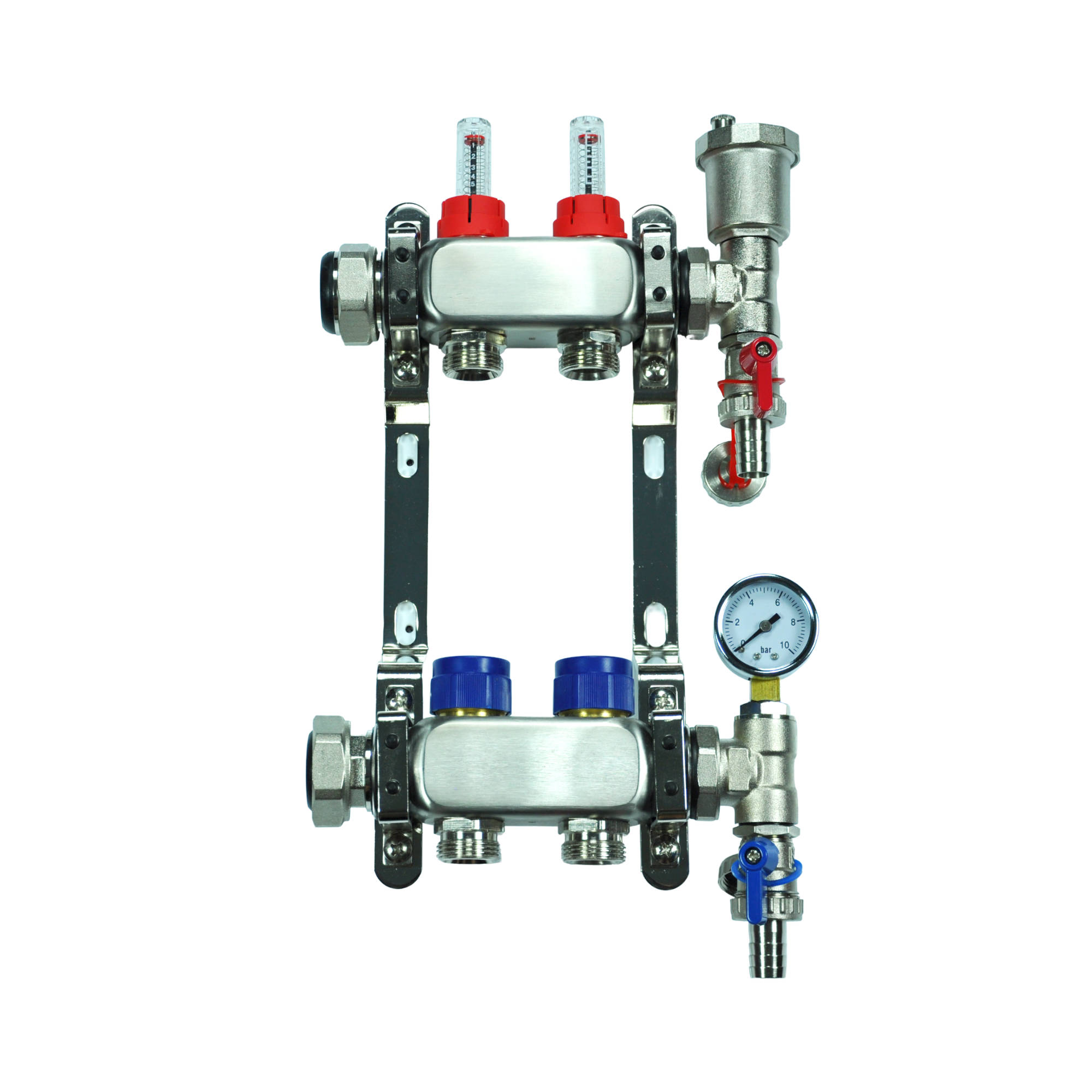 Stainless Steel Underfloor Heating Manifold With Pipe Connectors - 2 to 12 Ports