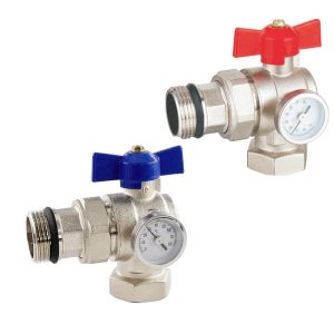 Ball Valve Set Angled c/w Temp Gauges – 1″ Blue & Red Handle (Pair)